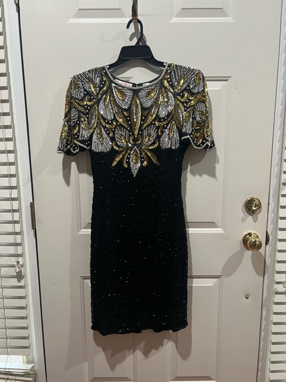 Laurence Kazar Black Silk Mini Dress with Gold and Silver Beading